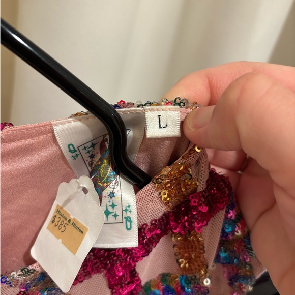 QUEEN OF SPARKLES Pink and Blue Plaid Dress with Feather Hem - Picture 4 of 4